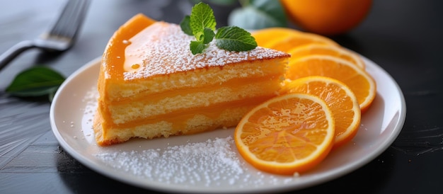 Un élégant gâteau d'éponge orange avec des tranches sur assiette