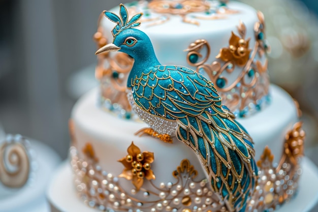 Elegant gâteau de mariage blanc décoré d'embellissements dorés et d'un dessus de paon bleu