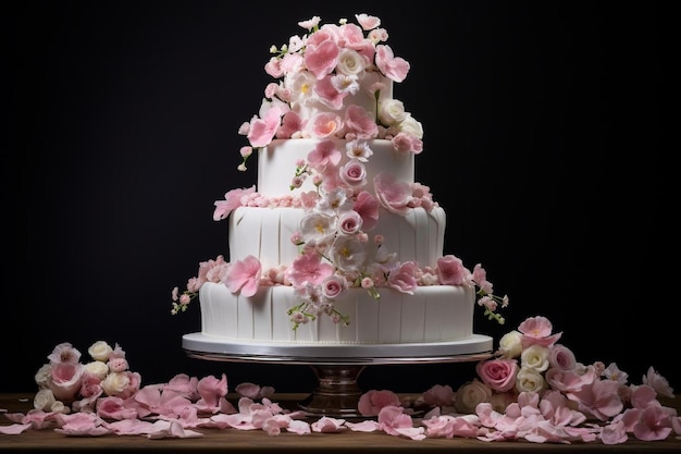 Elegant gâteau de mariage en fleurs de cerisier avec des fleurs de sucre