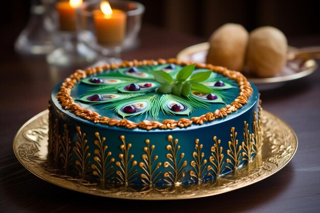 Elegant gâteau en plumes de paon avec des détails peints à la main