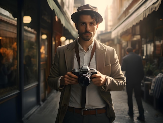 Un élégant hipster barbu vêtu d'une veste grise et d'un chapeau en feutre tient un appareil photo reflex