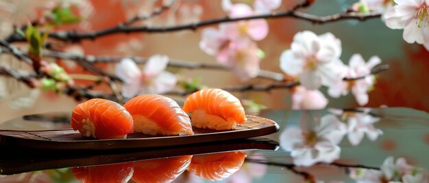 Un élégant jeu de sushis magnifiquement présenté avec des fleurs de cerisier en arrière-plan