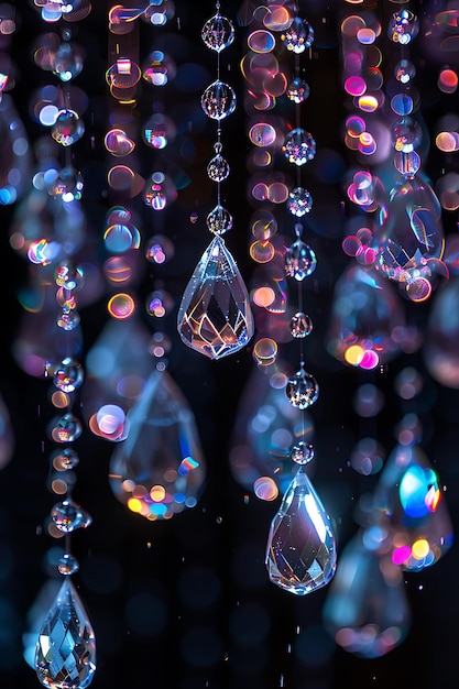 Elegant lustre lumineux pluie avec des gouttelettes de cristal et Cl lumineux Y2K collage au fond au néon