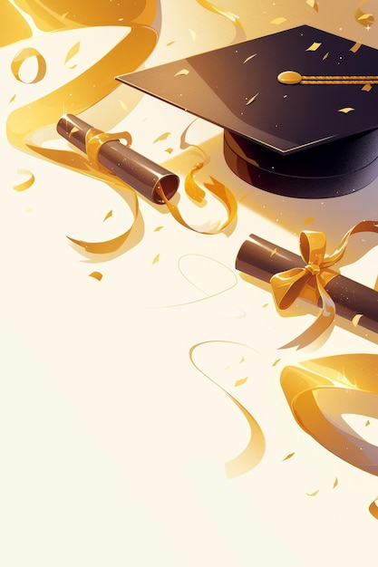 Photo un élégant modèle de carte de félicitations pour la remise des diplômes avec un diplôme de bonnet et des confettis dorés