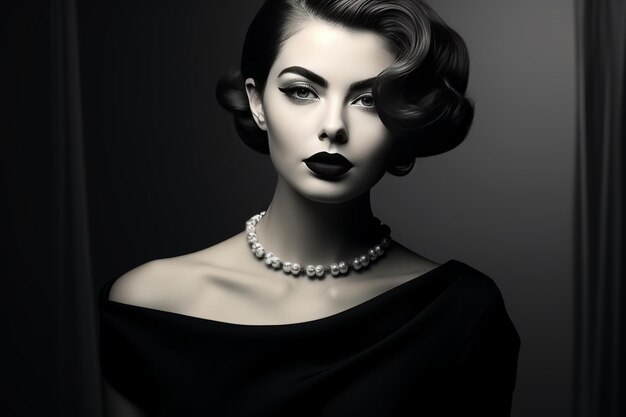 Elegant monochrome embrassant le style classique avec une femme glamour dans une belle robe noire et St