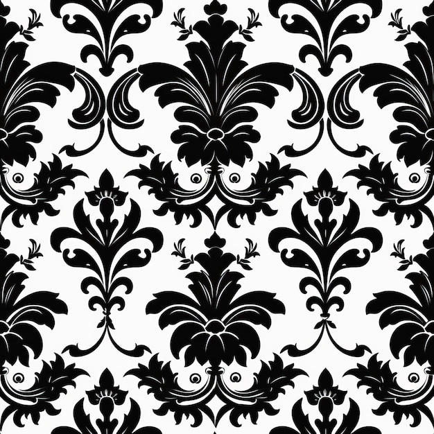 Un élégant motif en damasc noir et blanc avec des ornements rococo
