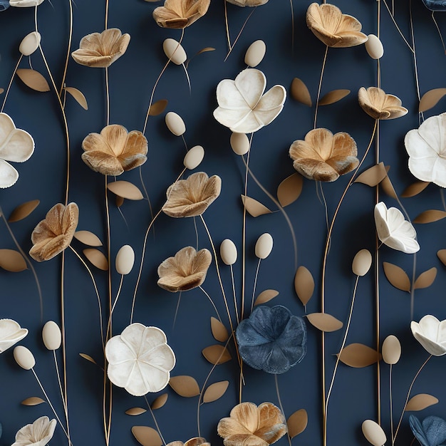 Un élégant motif floral 3D sans couture en bleu et bronzé