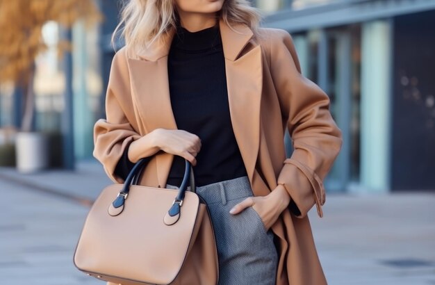 Photo elegant outfit close up of textured big dark bag autumn trendy outfit woman in stylish