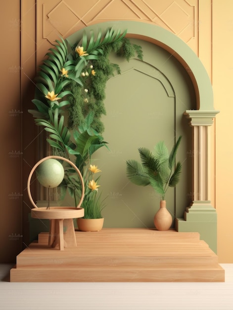 un élégant podium en bois vide rendu en 3D avec des plantes