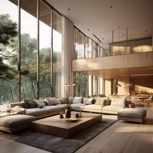 Photo un élégant salon de villa moderne avec du bois