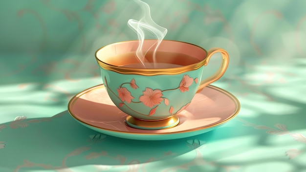 Un élégant thé de l'après-midi avec une tasse de porcelaine d'os et une soucoupe La tasse est décorée d'un motif floral et a un bord doré