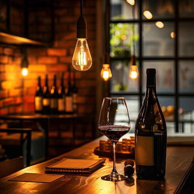Elegant verre de vin rouge avec bouteilles et tire-bouchon sur une table rustique Idéal pour manger et goûter au vin