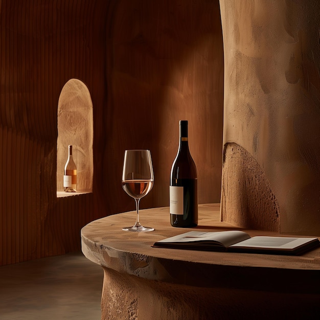 Elegant verre de vin rouge avec bouteilles et tire-bouchon sur une table rustique Idéal pour manger et goûter au vin