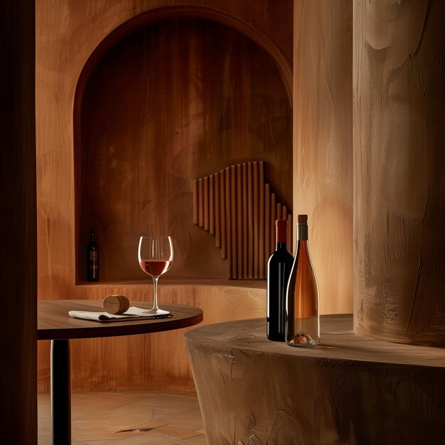 Elegant verre de vin rouge avec bouteilles et tire-bouchon sur une table rustique Idéal pour manger et goûter au vin