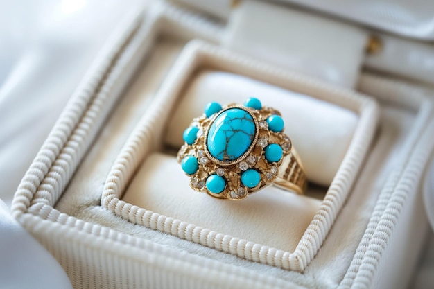 Une élégante bague turquoise dans une boîte en peluche