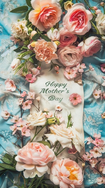 Une élégante bannière verticale de fleurs vibrantes posée sur un tissu bleu avec un message de la fête des mères en cursive