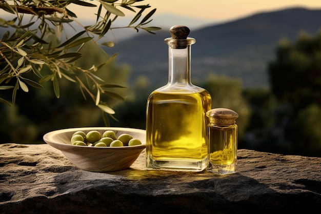 Une élégante bouteille d'huile d'olive à moitié remplie