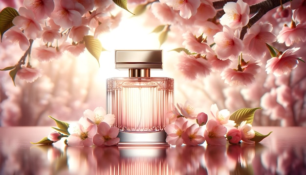 Une élégante bouteille de parfum au milieu de fleurs en fleurs