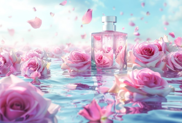 Une élégante bouteille de parfum entourée de roses et de pétales roses sur une surface réfléchissante