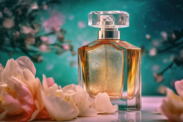 Photo une élégante bouteille de parfum de luxe sur un fond de fleurs un délicat parfum féminin