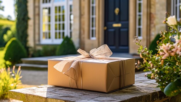 Élégante boutique de cadeaux service postal de livraison et boîte de colis de luxe en ligne avec un arc sur le seuil d'une maison à la campagne générative ai