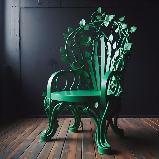 Photo Élégante chaise verte décorée de lierre sur un fond sombre en intérieur