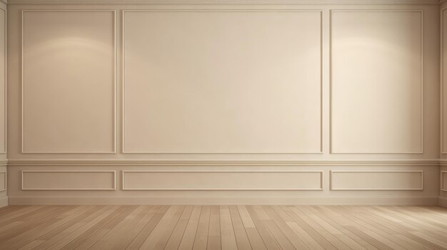 Une élégante chambre minimaliste avec des murs beige et un sol en bois.
