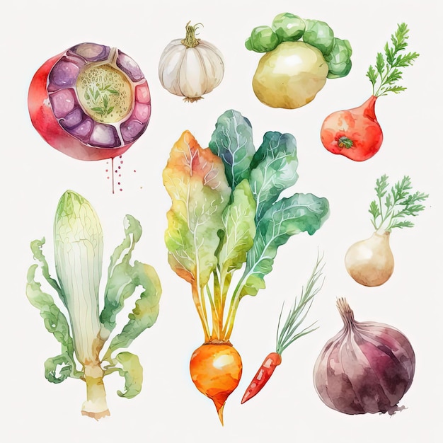 Élégante collection de légumes à l'aquarelle pour tout projet. Des designs uniques, parfaits pour ajouter un nat