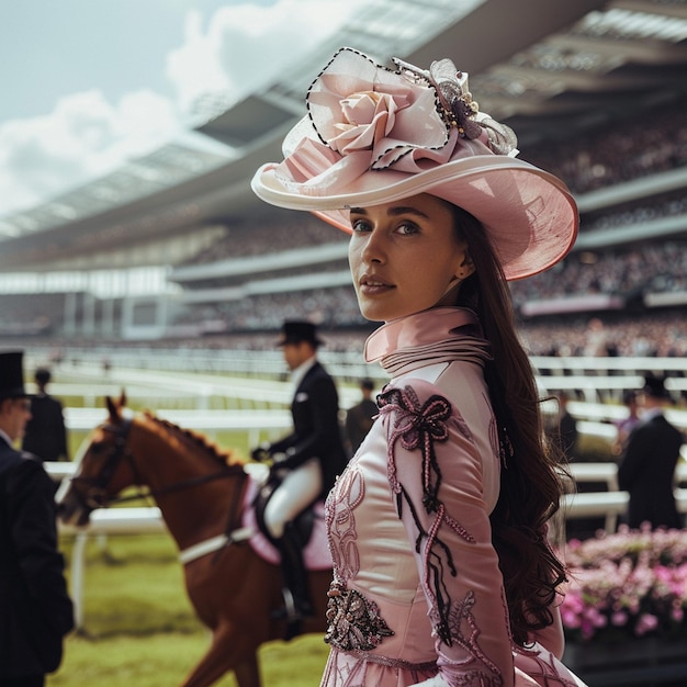 Photo Élégante course de chevaux mode femme robe rose chapeau cheval debout