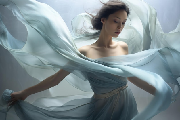 Une élégante danseuse de ballet asiatique pose gracieusement avec un tissu blanc flottant