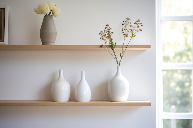 Une élégante étagère en bois présente des vases modernes dans une cuisine minimaliste