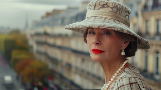 Élégante femme d'âge moyen collier de perles rouge rouge à lèvres chapeau élégant toile de fond urbaine