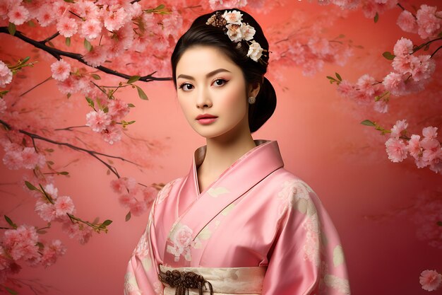 Une élégante femme asiatique dans une robe de mariée inspirée du kimono sur un fond serein de fleurs de cerisier