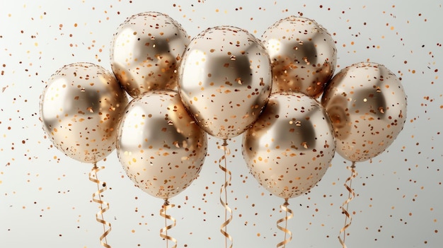 Photo une élégante illustration moderne réaliste en 3d de ballons de feuille d'or de luxe avec des confettis et des rubans festifs parfait pour les anniversaires, les naissances, les ventes et les promotions