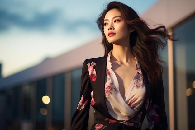 Une élégante jeune femme coréenne de mode adulte debout à l'extérieur et semblant confiante