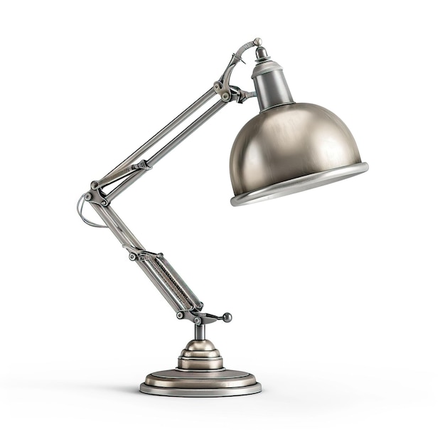 Élégante lampe de bureau argentée avec une grande ombre de dôme isolée sur fond blanc