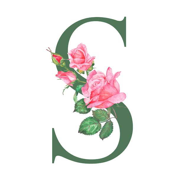 Une élégante lettre florale S avec des roses roses