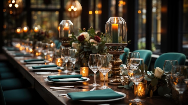 Élégante longue table de mariage d'automne avec des roses blanches générées par l'IA