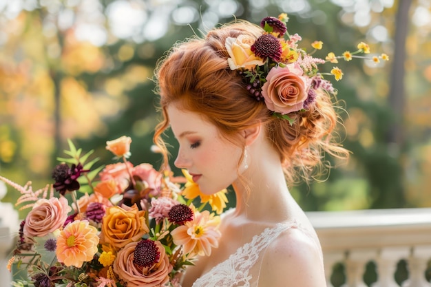 Élégante mariée aux cheveux roux avec une coiffure florale tenant un bouquet d'automne dans la lumière de l'heure d'or