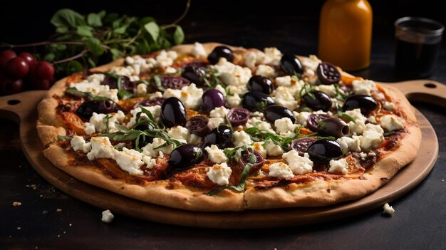Une élégante pizza grecque entière avec des olives et du fromage feta