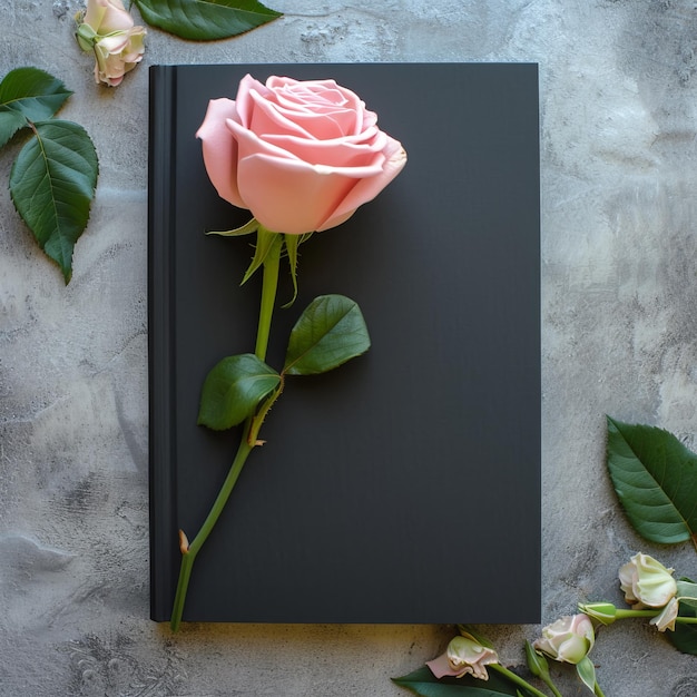 Une élégante rose rose sur une couverture de livre noir