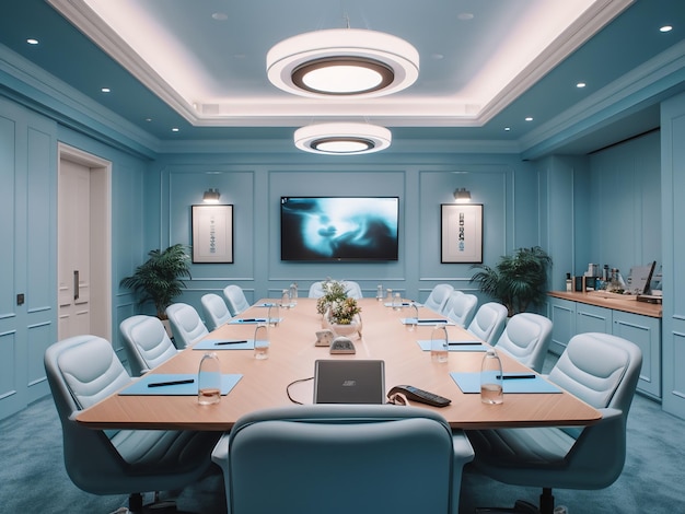 Une élégante salle de conférence bleue complète avec des meubles générés par l'IA