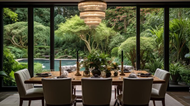 Photo une élégante salle à manger avec un lustre éblouissant une table magnifiquement disposée et une vue sur un jardin luxuriant