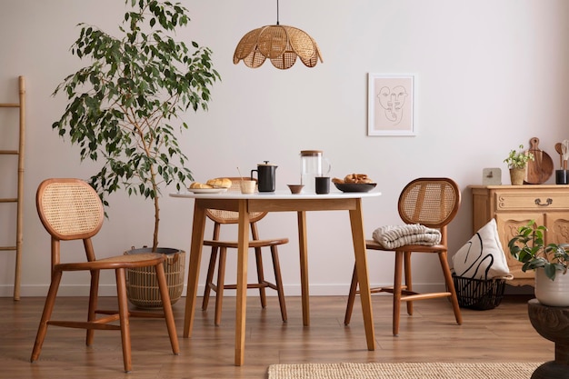 L'élégante salle à manger avec table ronde chaise en rotin affiche commode en bois et accessoires de cuisine Mur beige avec maquette affiche Modèle de décoration