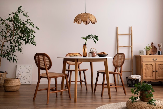 L'élégante salle à manger avec table ronde chaise en rotin affiche commode en bois et accessoires de cuisine Mur beige avec maquette affiche Modèle de décoration
