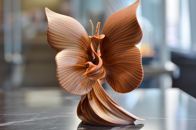 Une élégante sculpture en papier origami d'une fleur exposée dans un intérieur moderne avec un flou