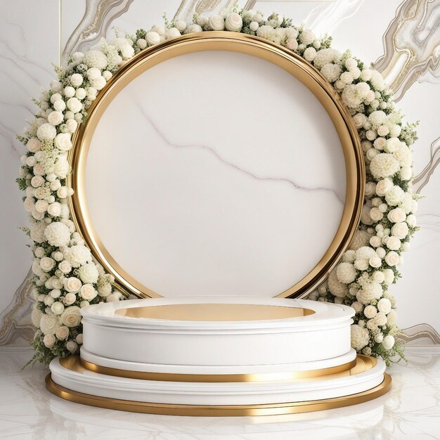 Une élégante table en marbre blanc avec un podium en or et un délicat arrangement floral