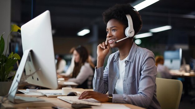 Une élégante webdesigner africaine fait son travail au bureau avec un sourire.