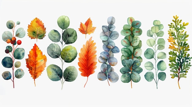 Photo l'élément botanique à l'aquarelle moderne comprend des feuilles, des branches, des feuilles d'eucalyptus, des fleurs, des baies et des feuilles de pin. une collection d'automne élégante, parfaite pour les invitations, les cartes décoratives, les mariages et les fêtes.