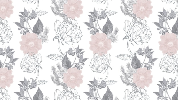 Élément de design d'arrière-plan à motifs de fleurs rose terne et gris dessiné à la main